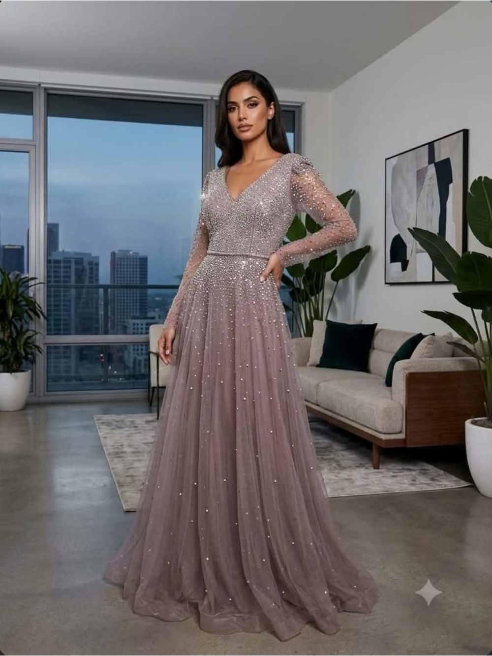 Elegant Mauve Beaded V-Neck Evening Dress